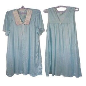 VTG Quiet Moments 2PC Robe Nightgown 3X Mint Green Lace Edging Nylon Cottagecore